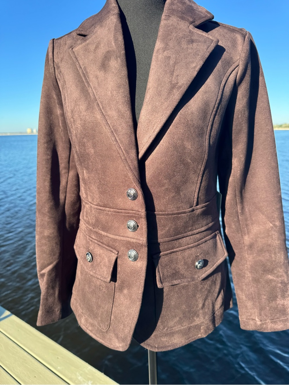 NWT, S Joie Faux Suede Gold Crest Button Tailored Blazer